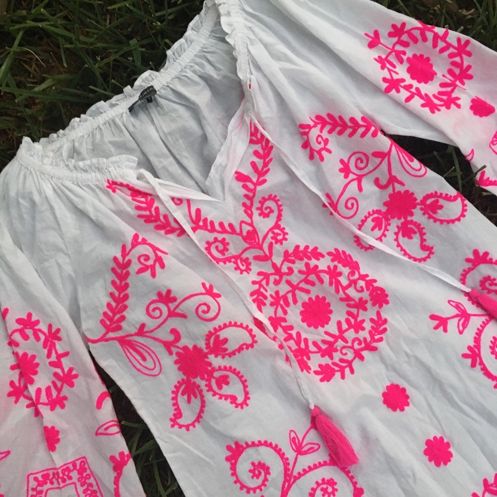 Primark White Shirt Dress W Neon Pink Embroidery